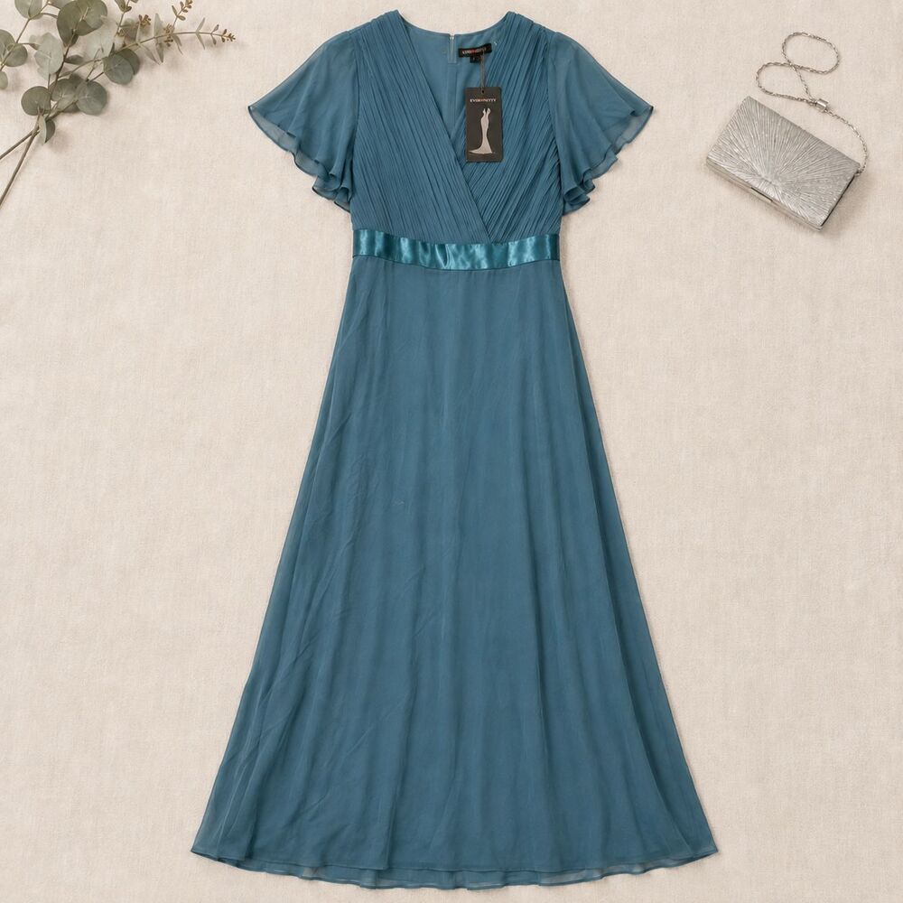 Ever-Pretty Teal Pleated V Neck Flutter Sleeve Formal Maxi Dress 8XL US 24 NWT